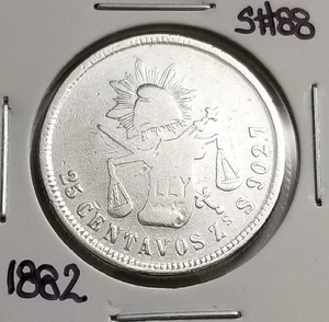 Mexico 25 Cents 1882 Zs S .903 Silver Coin, 25 Centavos Balanza Zacatecas. - Picture 1 of 4