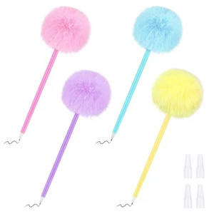 Pom Pom Pens 4 Pcs Fuzzy Pens Fluffy Ballpoint Pen Cute Writing Ball Pen Correct - Picture 1 of 7