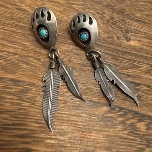Navajo Bärenkralle & Federn Ohrringe Ohrhänger Sterling Silber 925 Türkis V - Bild 1 von 8