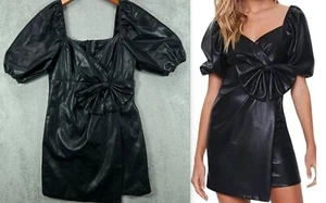 Forever 21 Womens Medium Faux Leather Black Mini Dress Bow Puff Sleeve Goth - Picture 1 of 13