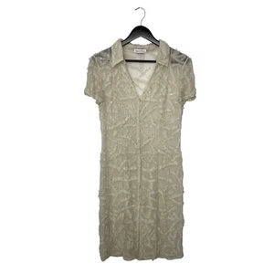 Oscar De La Renta Crystal Embellished Silk Chiffon Midi Shirt Dress Size 10 Ecru - Picture 1 of 9