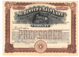 The Denver & Salt Lake Railway Tunnel Company Colorado Aktienzertifikat - Bild 1 von 1