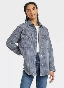 NWT Universal Thread XL Navy Pinstriped Denim Long Sleeve Shacket Jacket Shirt - Picture 1 of 7
