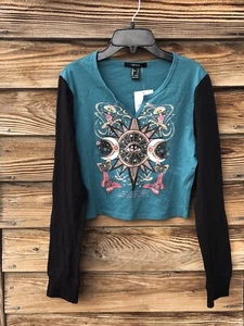 Forever 21 Youth Mädchen Logo Crop Top Langarm Schwarz/Multi Gr. L Neu - Bild 1 von 12