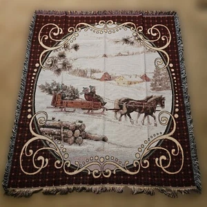 Vintage Winter HORSE AND SLEIGH Tapestry Throw Blanket Wall Hanging 50 X 59 - Picture 1 of 6