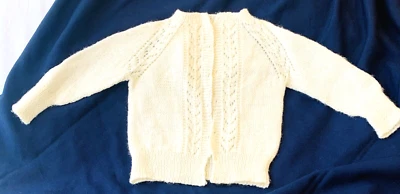 Vintage Baby Sweater Hand Knitted Cable front  Creamy White Heirloom quality - Image 1 of 4