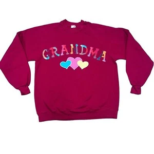 Vintage besticktes Oma Sweatshirt Rundhals Patchwork rot Gr. Large 80er - Bild 1 von 12
