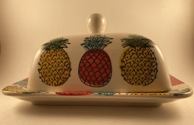 Signature Housewares Stoneware Modern Red & Yellow Pineapple Double Butter Dish - Image 1 of 4