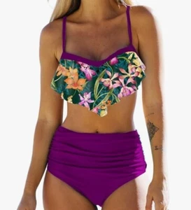 Badeanzug Bikini Damen High Waist Set Gr M Lila Blumen Wickeloptik UMIPUBO - Bild 1 von 6