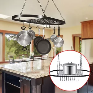 Kitchen Storage Hanging Pot Pan Holder Hanger Shelf 9 Hooks Cookware Rack Iron - Picture 1 of 12