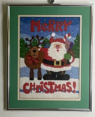 Vintage Embroidery Long Stitch Dimensions MERRY CHRISTMAS Santa &Reindeer Framed - Image 1 of 4