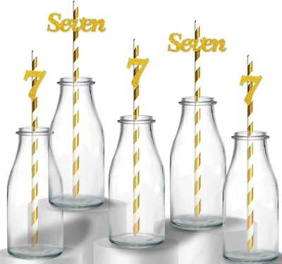 Pajitas Feliz 7º Cumpleaños, Brillo Dorado 7 Años Cumpleaños Pajitas de Papel, Número Foto 1 de 4