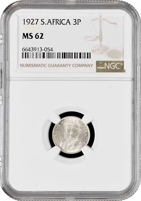 South Africa 3 pence 1927, NGC MS62, "King George V (1923 - 1936)" silver coin - Image 1 of 2