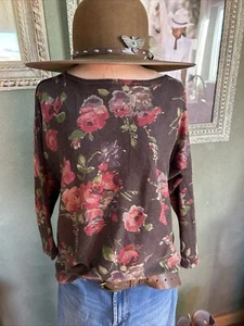 lauren ralph lauren Brown Silk Cotton Floral Sweater L dolman 3/4 Sleeve Boat - Picture 1 of 7