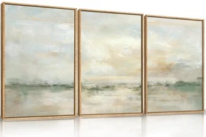 Large Abstract Green Gray Pastel Framed Canvas Wall Art,Neutral Landscape Wal... - Picture 1 of 7