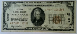 1929 $20 American National Bank Of Indianapolis Indiana Type 2 AU A001898 13759 - Picture 1 of 6