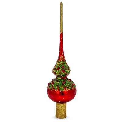 Red Pearls Poinsettia Flowers on Glossy Red Blown Glass Tree Topper 11 Inches - Image 1 of 4