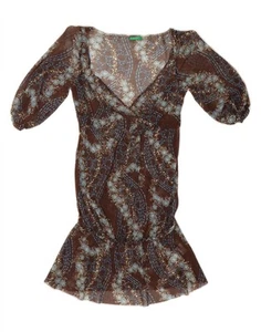 BENETTON Womens 3/4 Sleeve Basic Dress UK 4 XS Brown Floral Polyamide DL58 - Picture 1 of 3