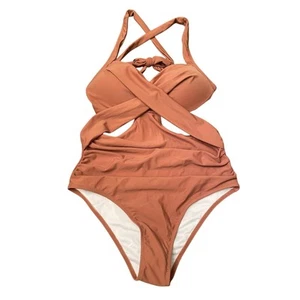 Women’s Brown Swimsuit Small One Piece Criss cross front Design - Picture 1 of 3