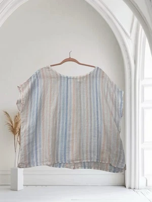 C&C California Metallic Stripe Button Back Linen Top Size Large Boxy Cap Sleeve  - Image 1 of 4