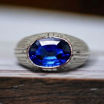 Piedras preciosas de zafiro azul con anillo de plata de ley 925 para hombre #AL431 Foto 1 de 4