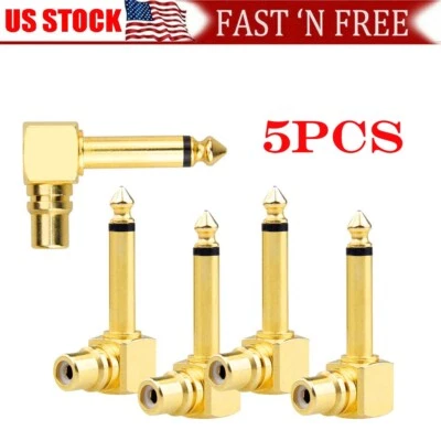 USA 5Pcs RCA Female Jack to 1/4" Mono Male Plug Right Angle Gold Audio Adapter - Image 1 of 4