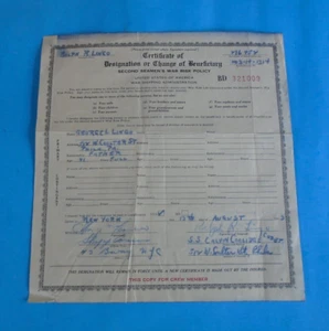 WWII Second Seamen s War Risk policy certificate - Picture 1 of 3