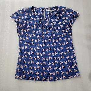 Boden Blue w/ Orange & White Birds Pleated Scoop Neck S/S Top UK 12 US 8 - Picture 1 of 4