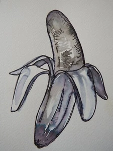 Original pen ink wash fruit drawing of a semi peeled banana - Picture 1 of 12