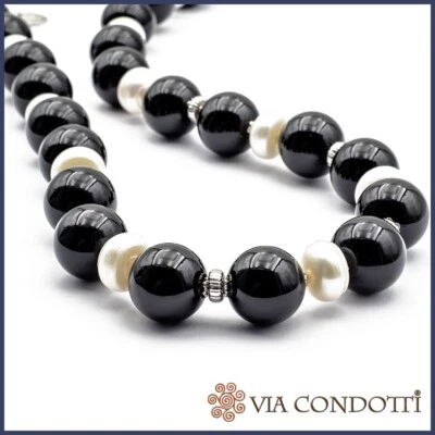 Collana in Perle e Onice nera girocollo in pietre dure Naturali e Argento 925 - Immagine 1 di 4