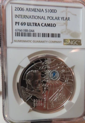 NGC PF69 UC-Armenia 2006 Año Polar Internacional Plata 100 Dram Prueba Casi Perfecta Foto 1 de 4