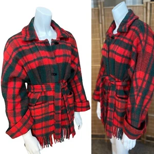 Vintage 60’s 70’s SCOTTISH WOOL PLAID FRINGE JACKET Robe Blanket Plaid Coat Boho - Picture 1 of 7