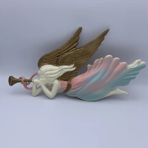VTG Cast Metal Angel Blowing Trumpet Wall Decor Christmas Pink/Blue Gown Shabby - Picture 1 of 7
