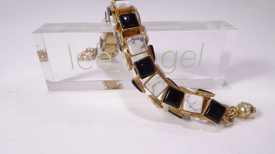 Lee Angel Women's Black Howlite Marble Tile Square Box Link Bracelet NWT 125.00 Foto 1 de 1