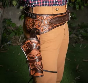WESTERN LEATHER COWBOY TOOLED STYLE SINGLE DROP RIG GUN HOLSTER & GUN BELT - Picture 1 of 22