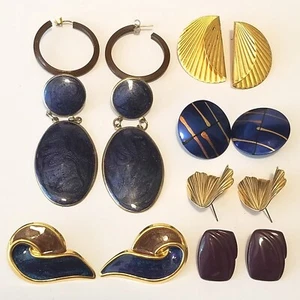 Vintage Earrings Lot Enamel Metal Plastic Dangle Hoops Blue Brown 7PR 1980s 90s - Picture 1 of 10
