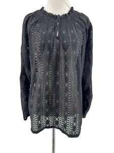 Old Navy Women's Black Long Sleeve Smocked Split-Neck Lace Top Size Medium NEW - Picture 1 of 7