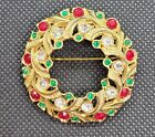 Vintage Eisenberg Ice Brooch Christmas Wreath Pin Green Red Rhinestones