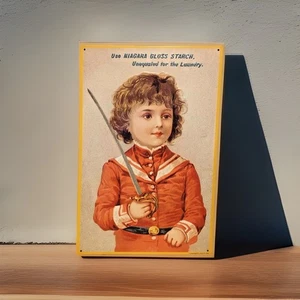 Vintage Sammlerstück viktorianisches Kind Werbung Niagara Glanz Stärke Blechschild - Bild 1 von 5