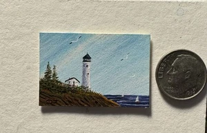 Piccole Miniature Dipinto “Lt House” 1 x 1/2” MICRO -Artista Don Joslyn - Foto 1 di 13