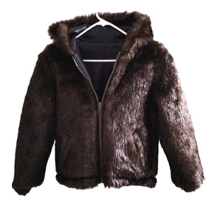 Mädchen WENDEJACKE Kapuze Kunstfell Gr. 7 braun flauschig warm Kunstleder Glam - Bild 1 von 10