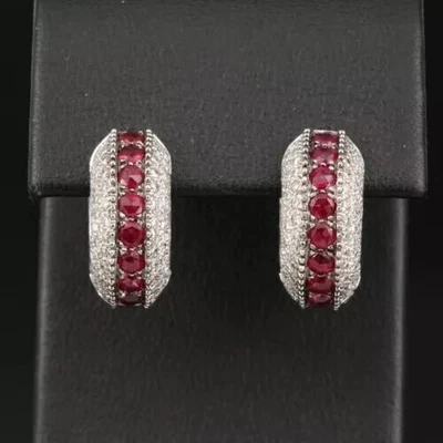 2Ct Round Cut Lab Created Red Ruby Huggie Hoop Earrings 14k White Gold Plated - Image 1 of 4