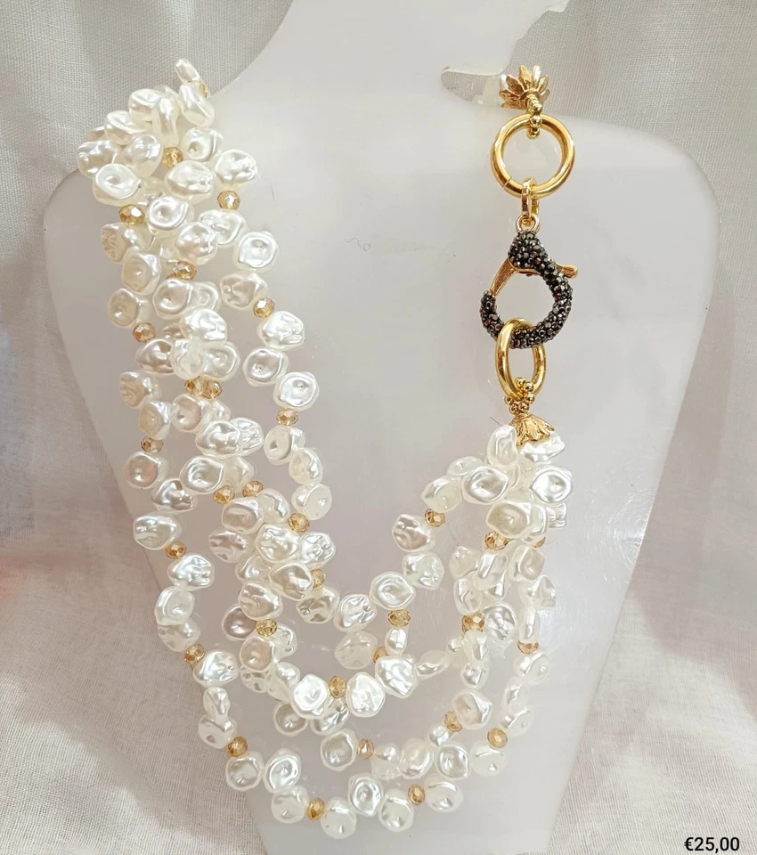 Collana Donna A Tre Fili Con Perle Bianche mis.50cm Con Moschettone gioiello - Immagine 1 di 1