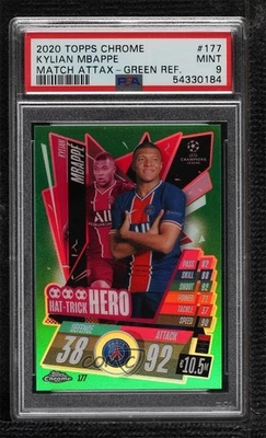 2020 Topps Chrome Match Attax UCL Green Refractor /99 Kylian Mbappe PSA 9 MINT - Image 1 of 2