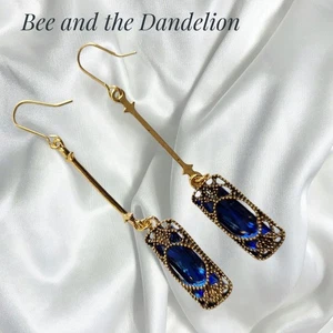 Vintage Style Long Blue Crystal Gold Tone Art Nouveau Style Long Earrings - Picture 1 of 6