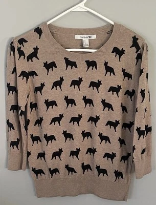 Women’s Forever 21 Sz M 3/4  Sleeve Tan Sweater W/ Black Dogs - Image 1 of 4