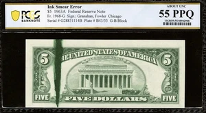 $5 1963-A FRN DARK INK SMEAR ERROR Cheap + Cool Mistake PCGS Ch AU 55PPQ - Picture 1 of 2