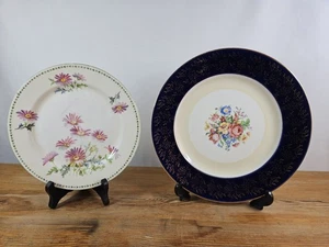 2 VINTAGE ENGLISH FLORAL PLATES AYNSLEY & ROYAL HARVEY COBALT BLUE & FLOWERS - Picture 1 of 24