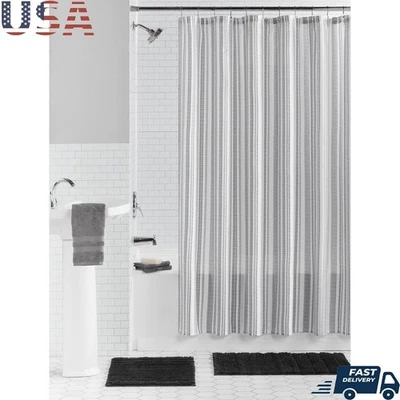 15 Piece Shower Curtain Bath Set Polyester Stripe Washable Bath Rugs Hooks New - Image 1 of 4