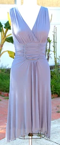 Studio M Cocktail A-Line Midi Dress S Gray Gathered V-Neck Sleeveless Stretch - Picture 1 of 6